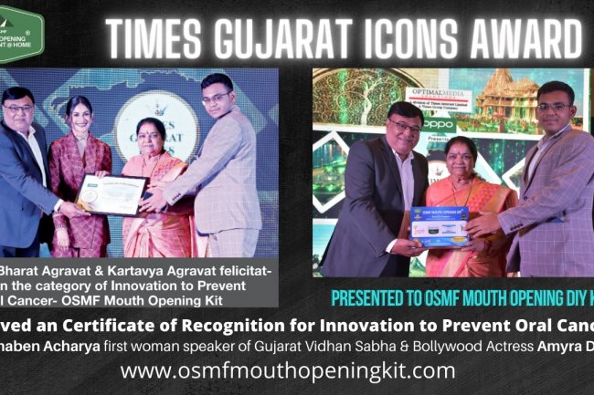 Dr. Bharat Agravat received “Times Gujarat Icon Award 2022” for innovation to prevent oral cancer – OSMF Mouth opening Kit, One of the leading visionary in Cosmetic and Implants dental care